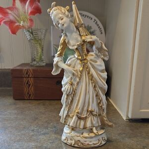 Vintage Victorian Figurine Woman With Umbrella White W/ Gold